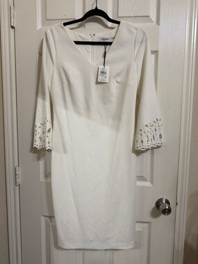 Calvin Klein Ivory V-Neck Sheath Dress with Eyelet Bell Sleeves